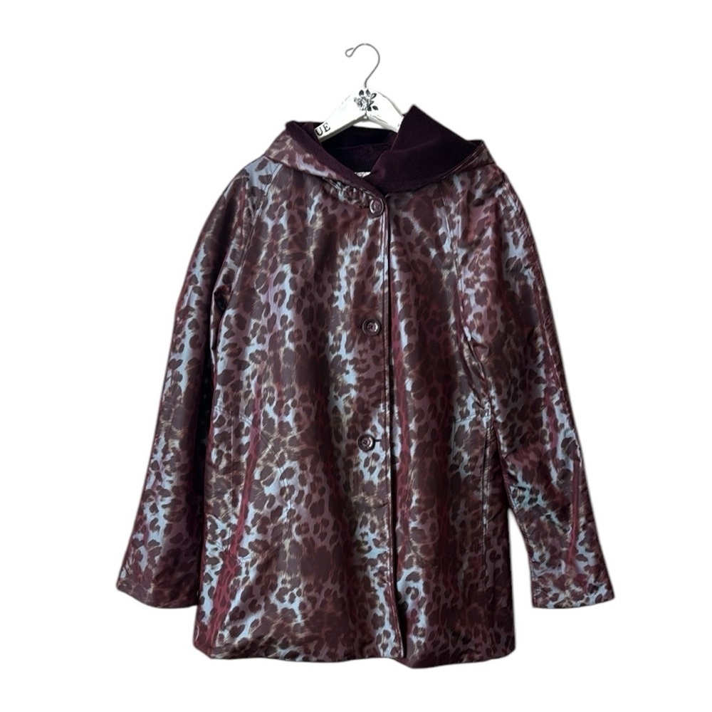 Dennis Basso Reversible Coat Purple Faux Fur/Leopard Hood Pocket's Size S